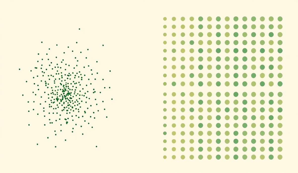 Fragmented, incompatible data points on the left becoming a standardized grid of comparable observations on the right.